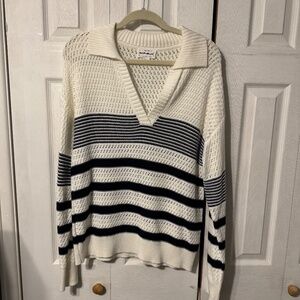 For The Republic - Crotchet Knit Collared Long Sleeve Black & White Sweater - XL